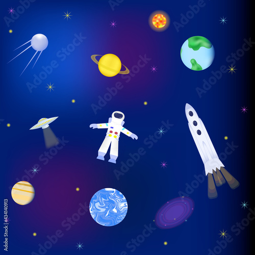 open space with astronaut, flying saucer, rocket, stars, milky way, satellite, earth on dark background. Cosmos
