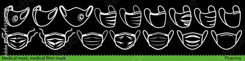 Set of medical face mask line icons. Various surgical and FFP masks and respirators. Vector Illustration
