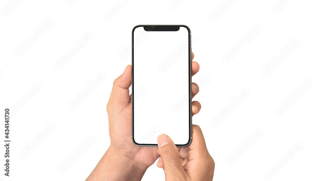 Hand holding smartphone device touching screen Hand holding smartphone device touching screen