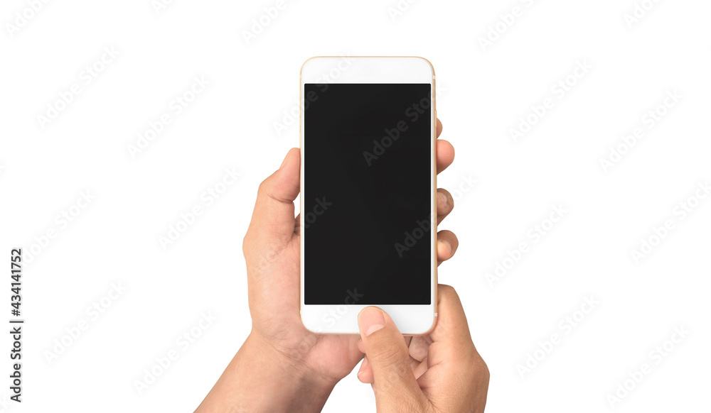 Hand holding smartphone device touching screen Hand holding smartphone device touching screen