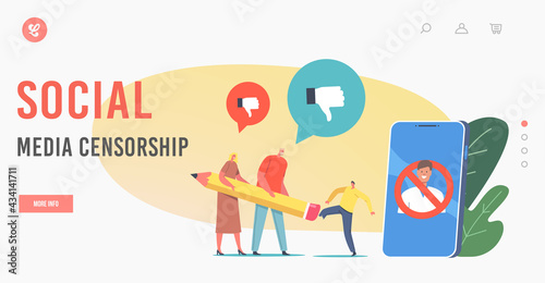 Social Media Censorship Landing Page Template. Cancel Culture Ban, Tiny Characters Erasing Person at Huge Smartphone