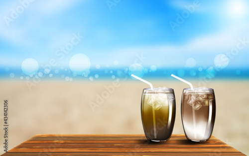 Vector illustration. Refreshing drinks on the wooden table with summer beach background.