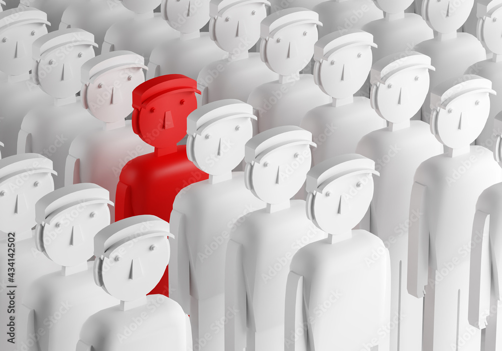 Obraz premium Recruitment. Sherny people. One person is marked in red. Problems in the team. Stand out in the crowd of people. 3D image.