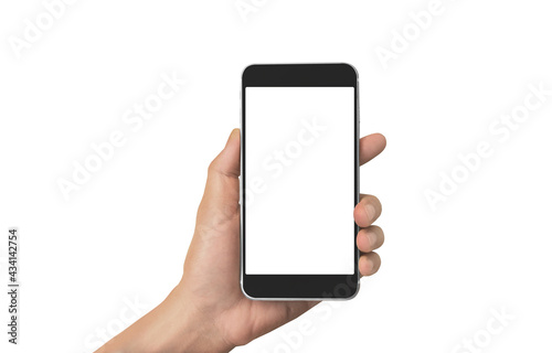 Hand holding smartphone device touching screen