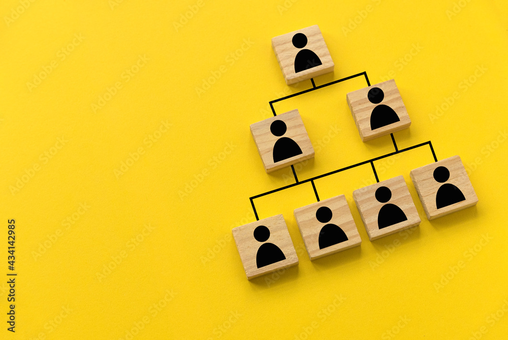 Company hierarchical organizational chart of blocks on yellow background with copy space. - obrazy, fototapety, plakaty 