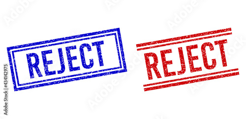 REJECT seal imprints with distress style. Vectors designed with double lines, in blue and red variants. Caption placed inside double rectangle frame and parallel lines.