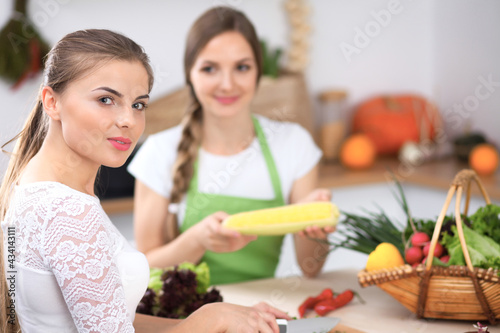 Two women are cooking fresh salad in a kitchen and having a pleasure talk. Friends and Chef Cook concept