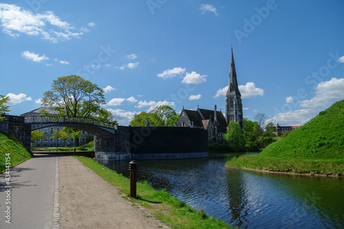 Panorama view of St. Alban’s Church and lake from Gefionbroen Bridge
