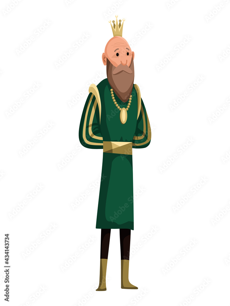 Cartoon tall king wearing crown and mantle. King standing. Color  illustration