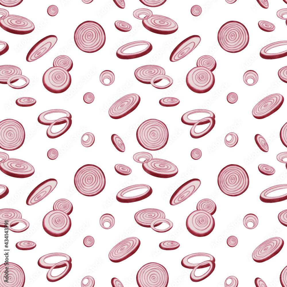 Watercolor seamless pattern with falling onion rings and onion slices. Sliced red onion. Watercolor seamless pattern with falling onion rings and onion slices. Sliced red onion.