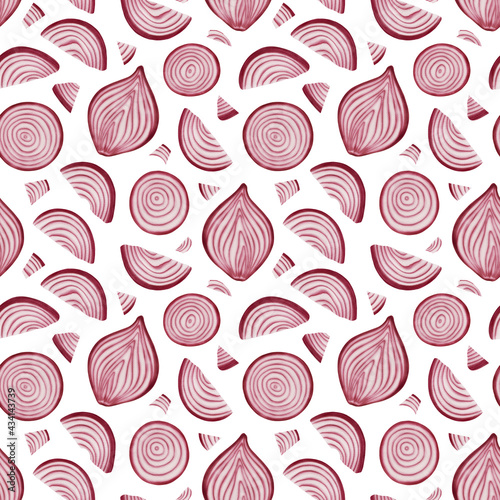 Watercolor seamless pattern with chopped onion. Sliced red onion. Hand drawn background.