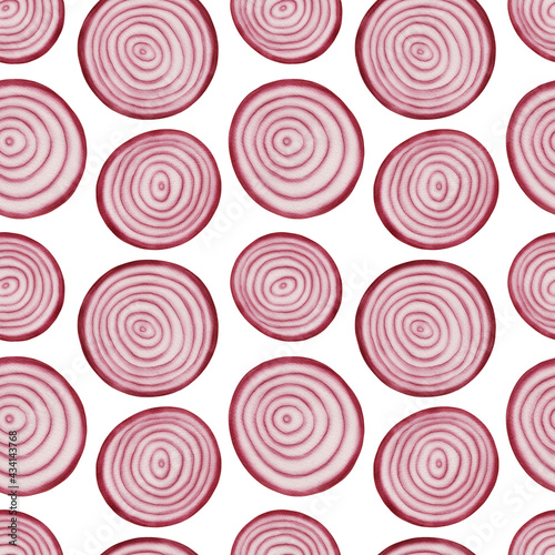 Hand drawn seamless pattern with onion rings and onion slices. Watercolor purple onion.