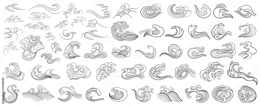 Set of vector contour elements of oriental waves - obrazy, fototapety, plakaty 