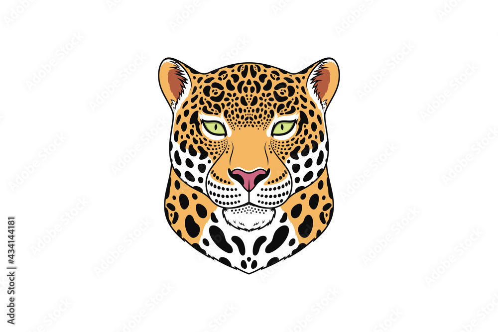 Jaguar head with green eyes, isolated jaguar face. Panther, predatory wildcat
