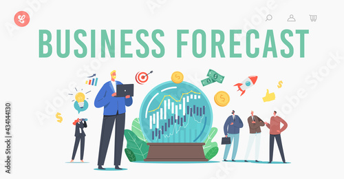 Business Prediction, Forecast of Market Trends Landing Page Template. Tiny Business Characters at Huge Crystal Globe