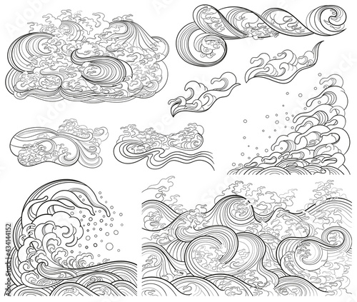 A set of vector contour elements, templates on the theme of waves in an oriental style.
