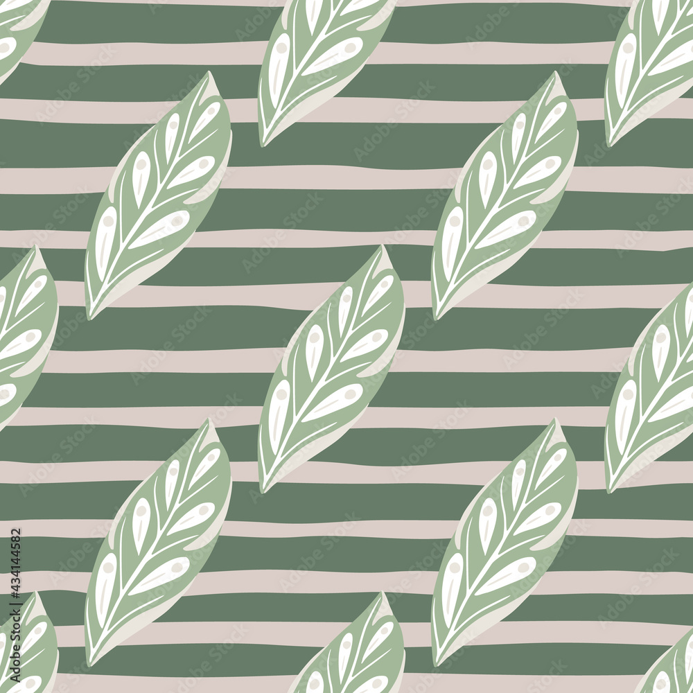 Diagonal leaf ornament seamless pattern in hand drawn style. Grey striped background. DIagonal print.
