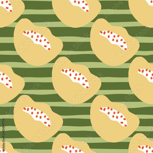 Beige bloom abstract poppy flowers seamless pattern in doodle style. Green striped background.