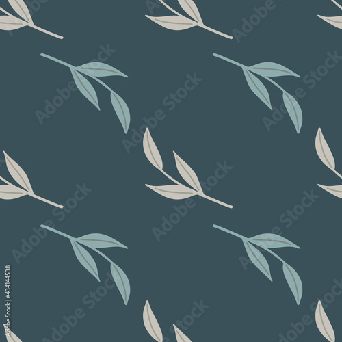 Nature botanic seamless pattern with simple blue and grey nordic twigs print. Navy blue background. © smth.design
