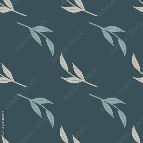 Nature botanic seamless pattern with simple blue and grey nordic twigs print. Navy blue background.