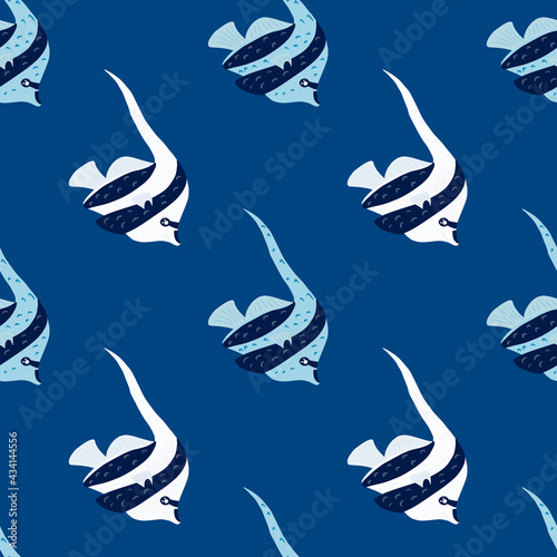 Bright blue seamless pattern with doodle imperial angelfish silhouettes. Hand drawn aqua decoration.