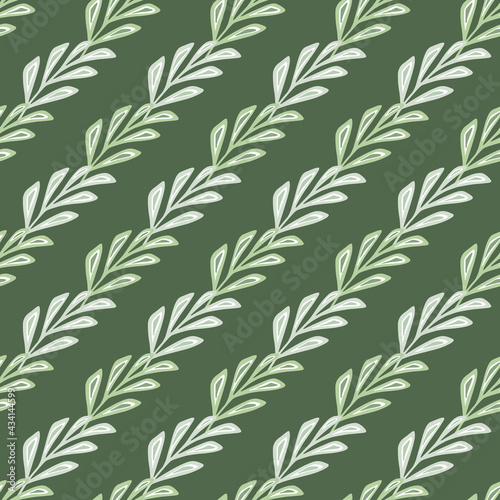 Hand drawn seamless pattern with diagonal foliage stylized elements print. Green olive background.