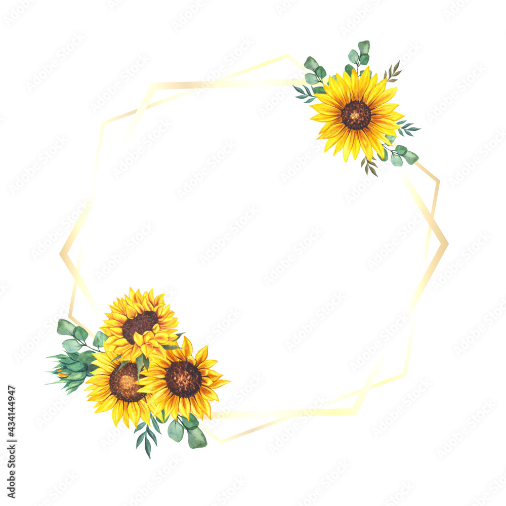Floral Frames with Sunflowers and Leaves. Watercolor sunflower frame ...