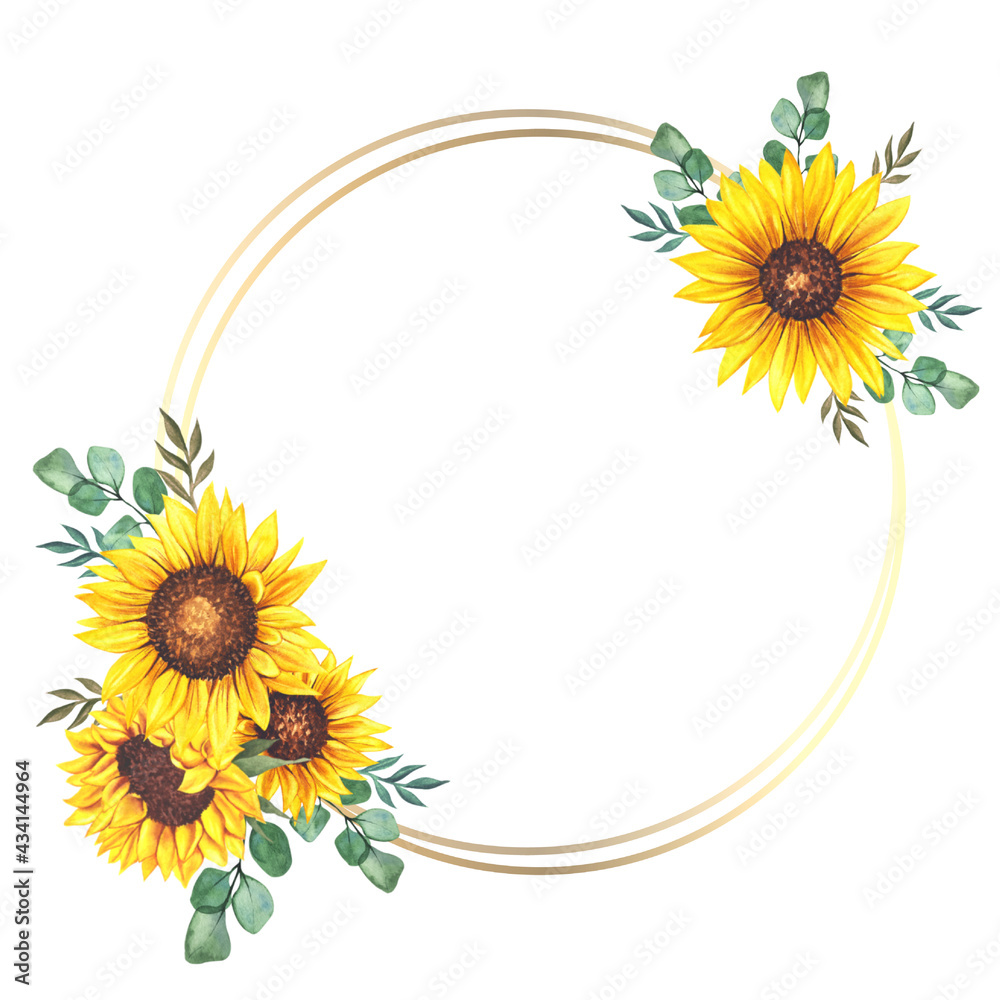 Floral Frames with Sunflowers and Leaves. Watercolor sunflower frame ...