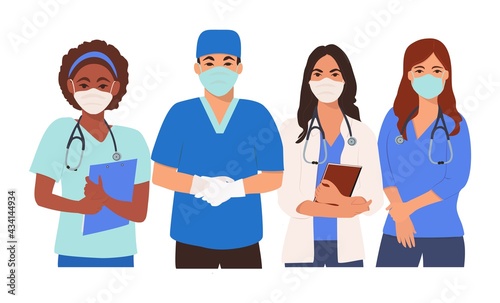 Professional doctors and nurses in masks.Vector illustration in flat style.
