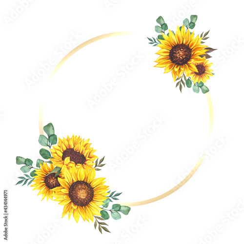 Floral Frames with Sunflowers and Leaves. Watercolor sunflower frame. White background. Watercolor floral. Botanical Drawing.