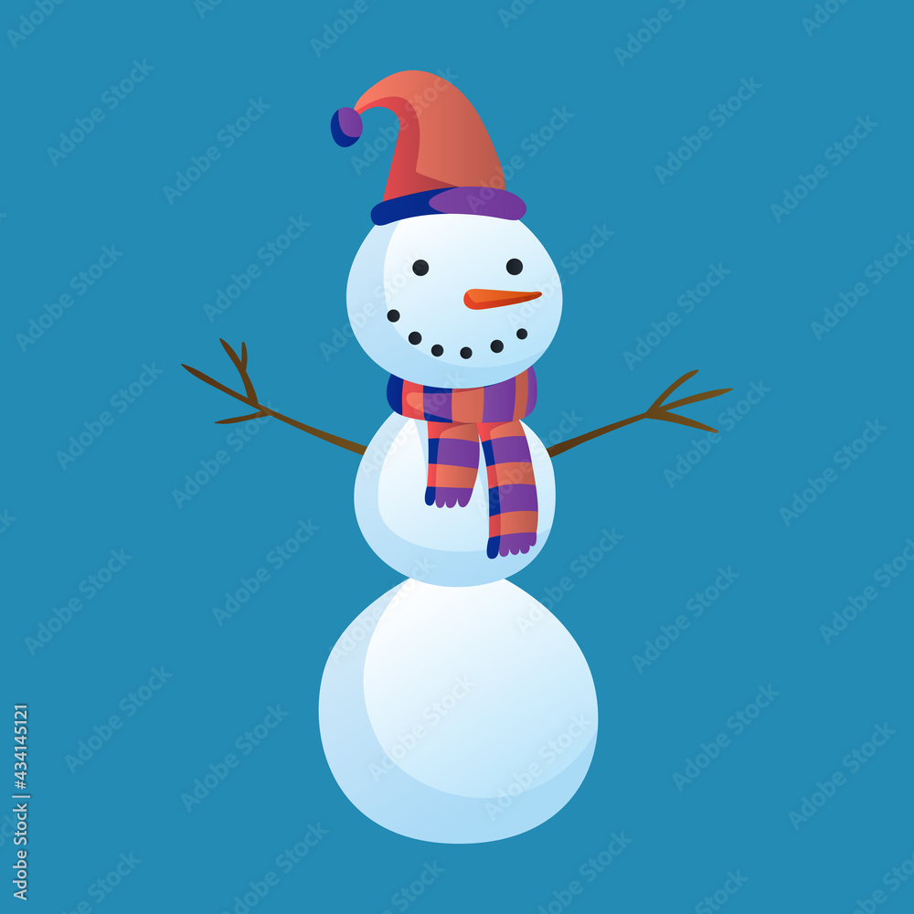 Snowman raising hands with top hat and scarf isolated on white background. Winter theme. character illustration Snowman raising hands with top hat and scarf isolated on white background. Winter theme. character illustration