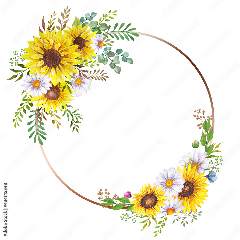 Floral Frames with Wildflowers and Leaves. Watercolor sunflower frame ...