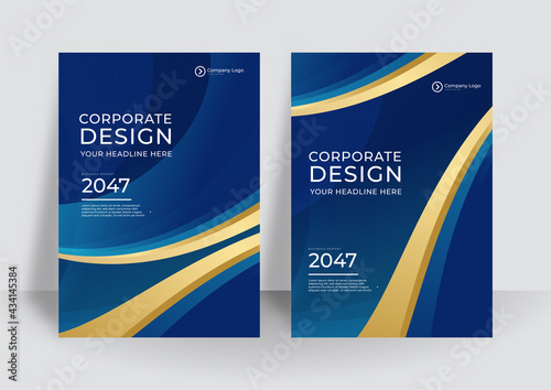 Modern business blue and gold design template for A4 poster flyer brochure cover. Graphic design layout with triangle graphic elements and space for photo background
