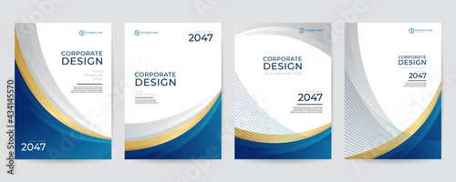 Modern business blue and gold design template for A4 poster flyer brochure cover. Graphic design layout with triangle graphic elements and space for photo background