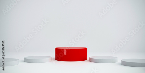 One red and four white cylinder podium