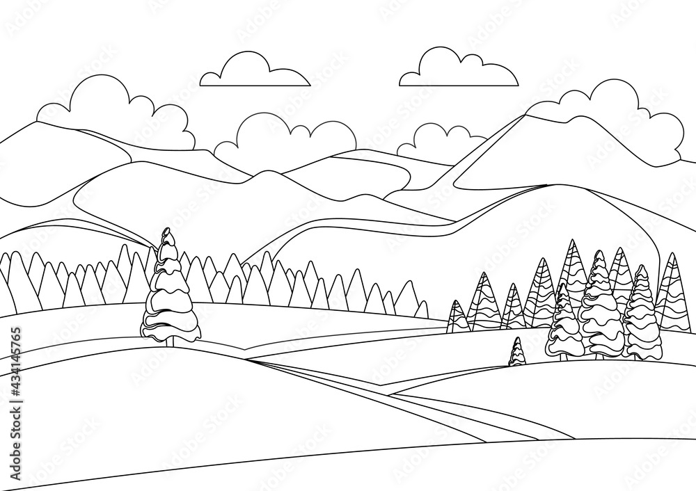 Fototapeta Sketch of beautiful winter mountain landscape with sky and clouds. Panorama of mountain ridges with spruce or pine forest in the foreground. Coniferous forest. illustration