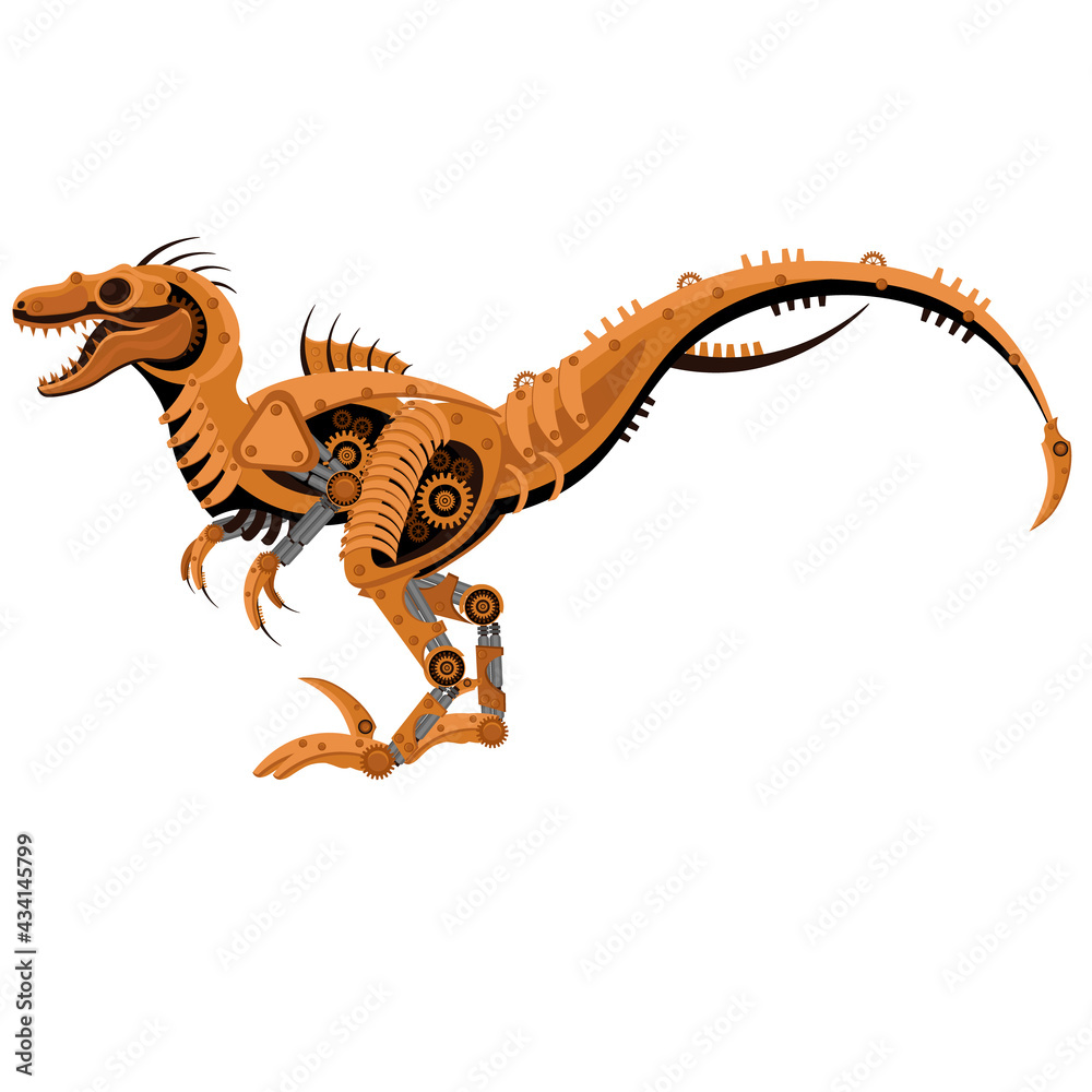 Vector steampunk raptor dinosaur lizard. Mechanical reptile on a white isolated background.