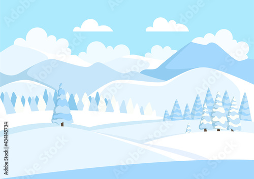 Beautiful winter mountain landscape with blue sky and white clouds. Panorama of mountain ridges with spruce or pine forest in the foreground. Coniferous forest.  illustration