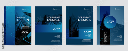 Dark modern blue borporate business presentation guide brochure template, Annual report, 16 page minimalist flat geometric business brochure design template, A4 size.