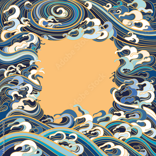 Vector illustration of a frame with waves in a traditional oriental style.
