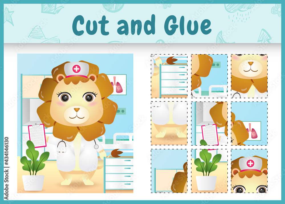 Fototapeta premium Children board game cut and glue with a cute lion using costume nurses