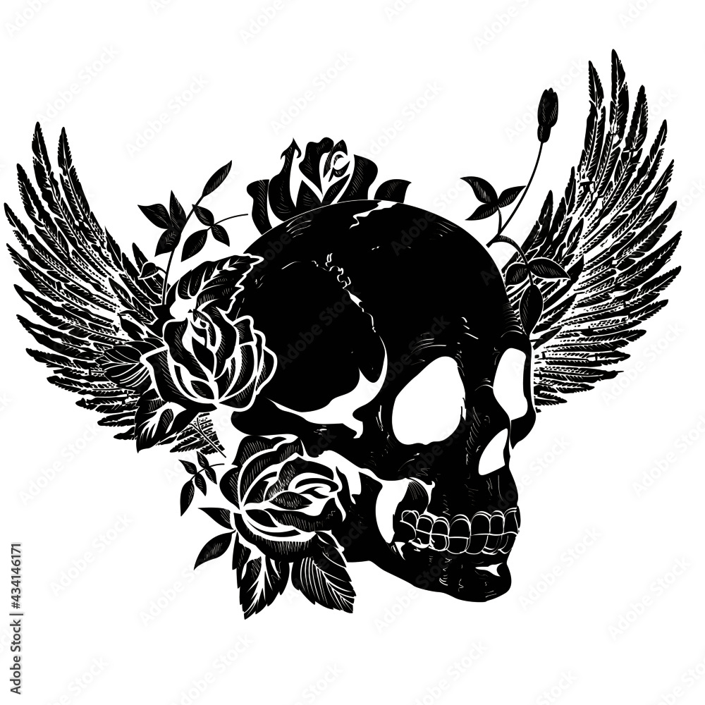 Fototapeta premium Vector design for t-shirt of a black skull with wings and roses isolated on white 