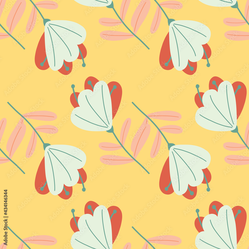 Obraz premium Vintage hand drawn seamless pattern with simple flowers ornament. Yellow background. Scrapbook backdrop.