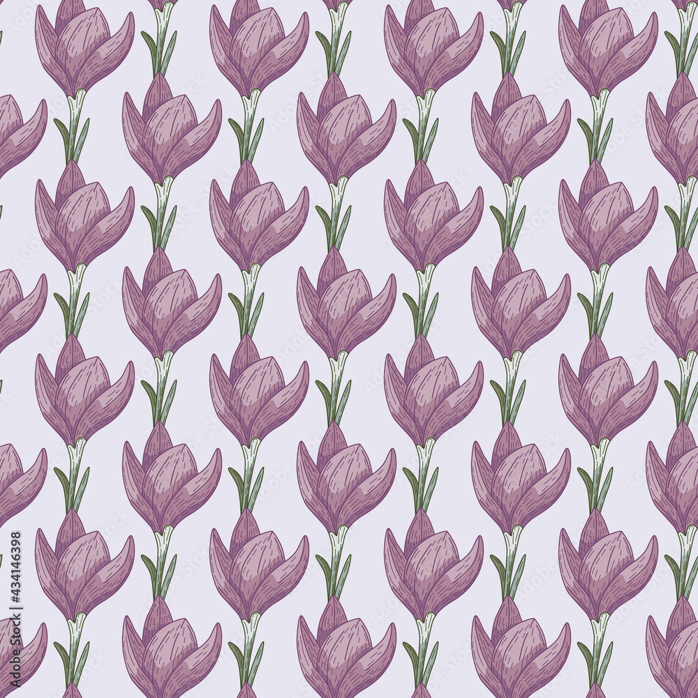 Abstract botanic seamless pattern in hand drawn style with crocus flowers outline ornament. Light blue background.