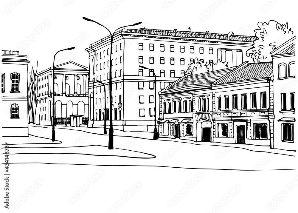 Nice street of old Moscow. Urban landscape. Romantic cityscape. Hand drawn sketch on white background. Vintage postcard style. Without people.