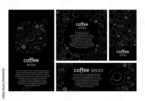 Vector line templates of coffee or tea spices for cards, invitations, menus, banners. Graphic hand drawings in sketch style. Anise, cinnamon, cloves, peppers, nutmeg, ginger on a black background