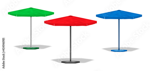 Patio umbrella. Outdoor garden parasol. Beach sunshade. Color set. Green, red, blue colours. Easy to recolor. Realistic vector illustration