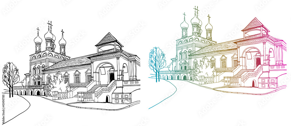 Urban landscapes with the old church. Nice views of the old Moscow. Hand drawn line art. Colorful vector illustration on white background. Without people. Postcards style. Travel sketch.