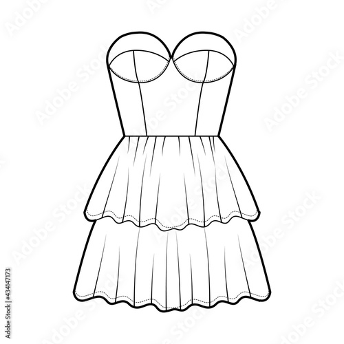 Strapless dress bustier technical fashion illustration with sleeveless, fitted body, 2 row mini length ruffle tiered skirt. Flat apparel front, white color style. Women, men unisex CAD mockup