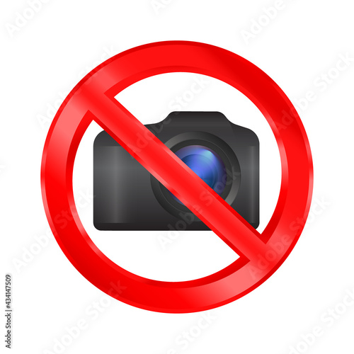Red prohibition sign for taking photos isolated on white background. No photography, no camera and mobile phone allowed icon. Round info sticker of illegal forbidden recording. Vector  EPS10